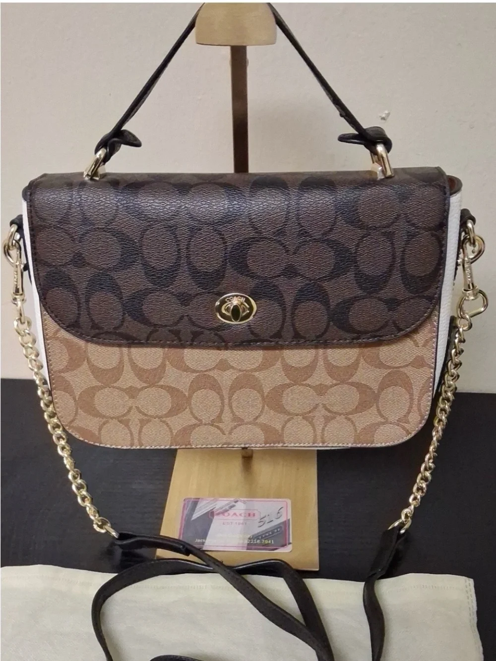 Coach Two-Tone Signature Gold Chain Turn-lock Crossbody Bag Brown & Tan NWT